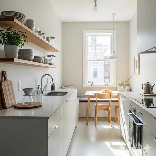 Desain Dapur Kecil Minimalis dengan Rak Terbuka (Image by Gemini AI)