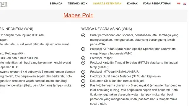 Syarat dan ketentuan pengajuan permohonan pembuatan SKCK Online di Mabes Polri.