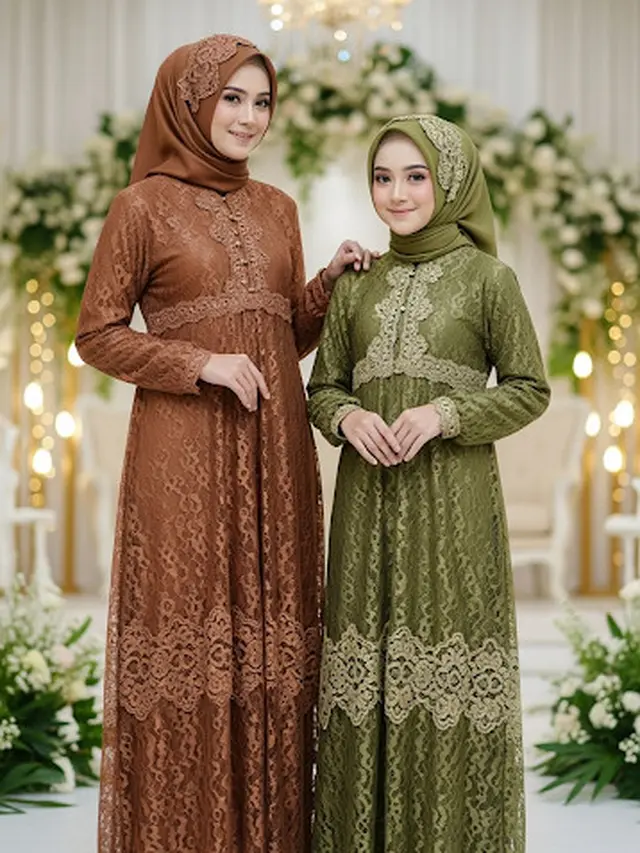 Long Dress Brokat Muslimah dengan Hijab Serasi