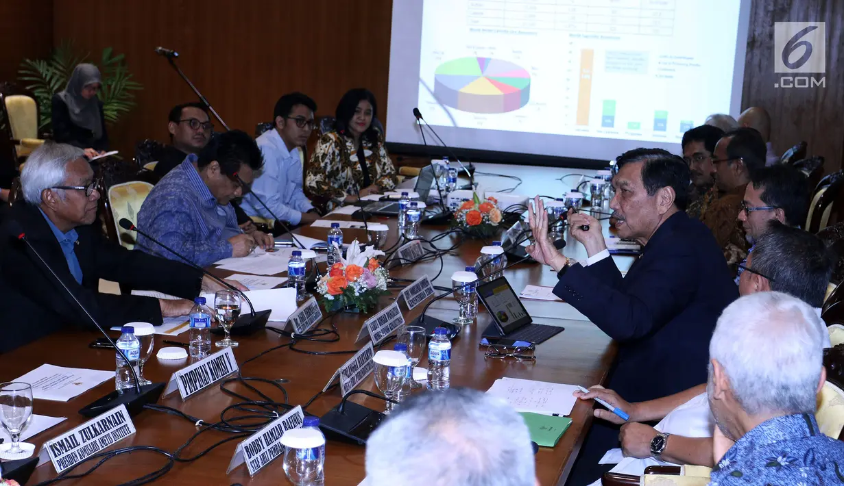 Menko Bidang Kemaritiman Luhut Binsar Panjaitan (kanan) memberi paparan saat rapat koordinasi membahas pengembangan kendaraan listrik nasional di Gedung DPR, Jakarta, Kamis (29/11). Hal tersebut juga tercantum dalam RUEN. (Liputan6.com/JohanTallo)