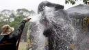 Seorang Pawang menyemprotkan air ke gajah saat festival air Songkran di Ayutthaya, Bangkok, Thailand (10/4/2015). Festival air songkoran menandai dimulainya Tahun Baru tradisional Thailand. (REUTERS/Chaiwat Subprasom)