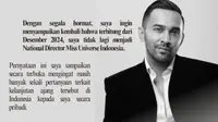 Teuku Zacky Umumkan Mundur dari Miss Universe Indonesia, Singgung soal Otoritas