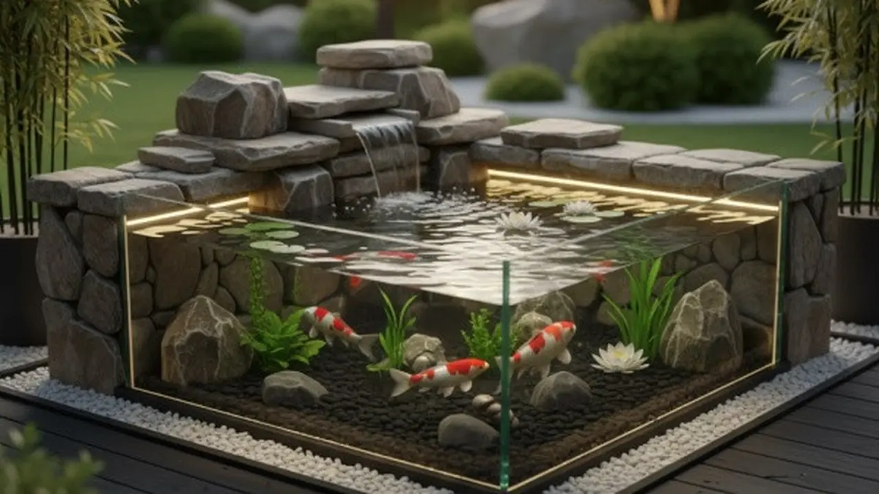 Desain Kolam Ikan Mini Kombinasi Batu dan Kaca (Sumber: Gemini AI)