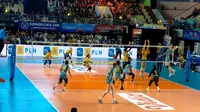 Pertandingan Jakara electric PLN melawan Bandung bjb Tandamata dalam PLN Mobile Proliga putaran kedua minggu ketiga di GOR Ken Arok Malang, Sabtu, 15 Juni 2024 (Liputan6.com/Zainul Arifin)