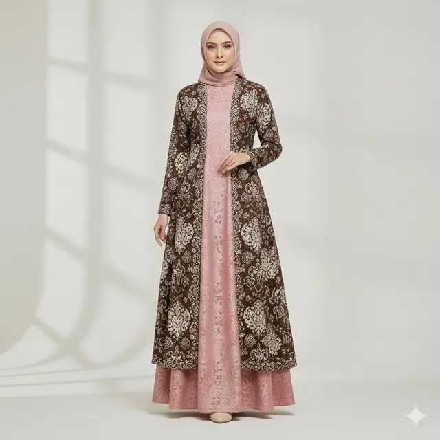 Gamis Brokat dengan Blazer Outer Batik (Gemini AI)
