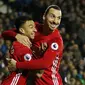 Ibrahimovic merayakan gol pertamanya ke gawang West Brom 