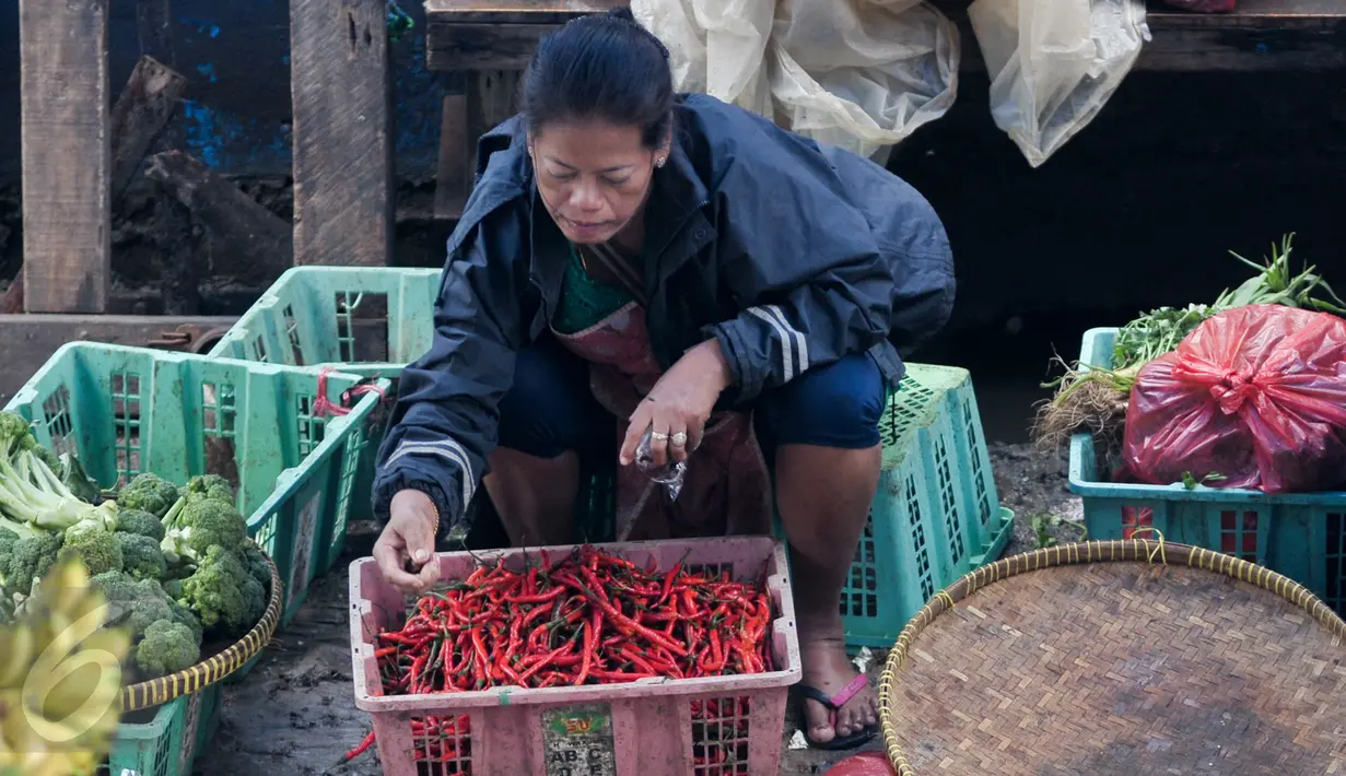 Pedagang cabai di Pasar Minggu merapihkan barang daganganya, Jakarta, Senin (10/10). Kenaikan harga cabai keriting terimbas kondisi cuaca yang kurang baik sehingga membuat pasokan berkurang. (Liputan6.com/Yoppy Renato)