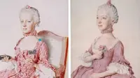 Sebelah kiri adalah potret yang selama ini dikira menggambarkan Marie Antoinette dan kini diyakini kakak perempuannya, Maria Carolina. Sedangkan di sebelah kanan yang sekarang dianggap oleh Prof. Seth menggambarkan Marie Antoinette, yang memegang setangkai bunga mawar (Dok. Ancient Origins)