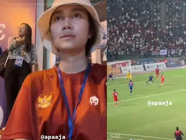 Azizah Salsha terlihat tegang saat nonton laga timnas Indonesia vs Thailand di ajang SEA Games 2022. Azizah langsung datang ke stadion untuk mendukung Arhan. Hubungan Azizah dan Arhan kala itu belum tercium netizen.(Liputan6.com/TikTok/apaaja)