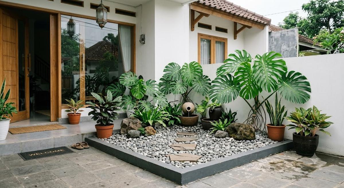 6 Taman Kering dengan Batu Koral dan Monstera, Halaman Rumah Makin Sejuk