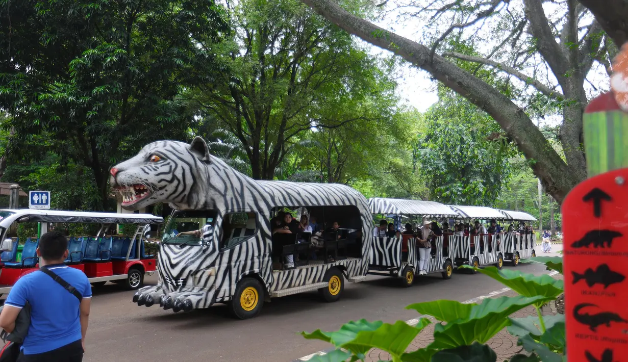 Selain berkeliling melihat satwa, pengunjung juga memanfaatkan wahana kereta berbentuk hewan untuk menjelajahi Taman Margasatwa Ragunan, Jakarta. (Kapanlagi.com/Budy Santoso)