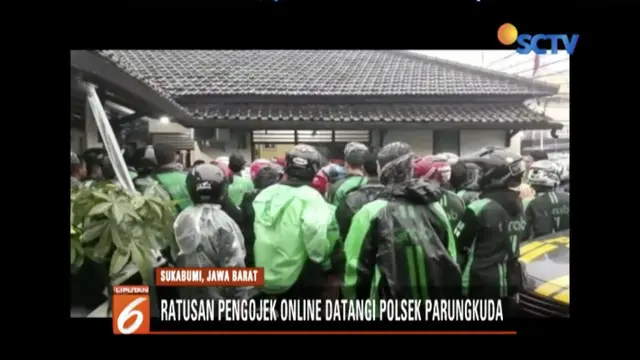 Rekan mendapat pukulan, ratusan ojek online di Sukabumi, Jawa Barat laporkan oknum ojek pangkalan.