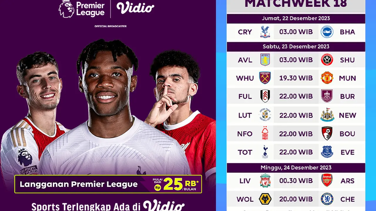 Jadwal dan Live Streaming Liga Inggris Gameweek 18 di Vidio
