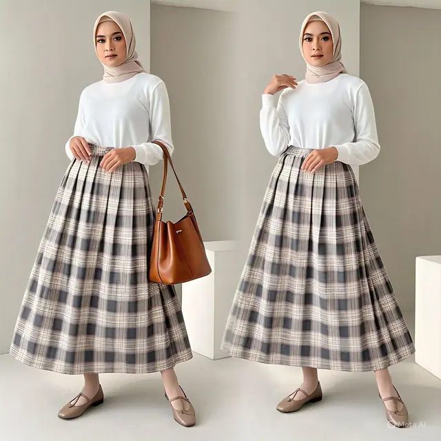 Rok Motif Tartan dengan Kemeja Polos untuk Look Classic