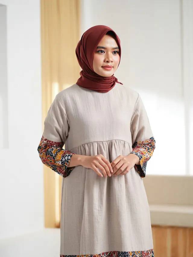 Midi Dress Muslim Kombinasi Linen Nyaman untuk Sehari-hari