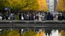 Orang-orang yang memakai masker pelindung untuk membantu mengekang penyebaran virus corona mengambil foto saat mereka berjalan melewati deretan pohon ginkgo di sepanjang trotoar saat pepohonan dan trotoar ditutupi dengan daun kuning cerah di Tokyo (29/11/2021). (AP Phot/Kiichiro Sato)