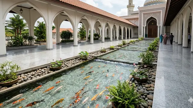 Kolam Ikan dengan Air Mengalir di Teras Masjid (Foto: Gemini AI)