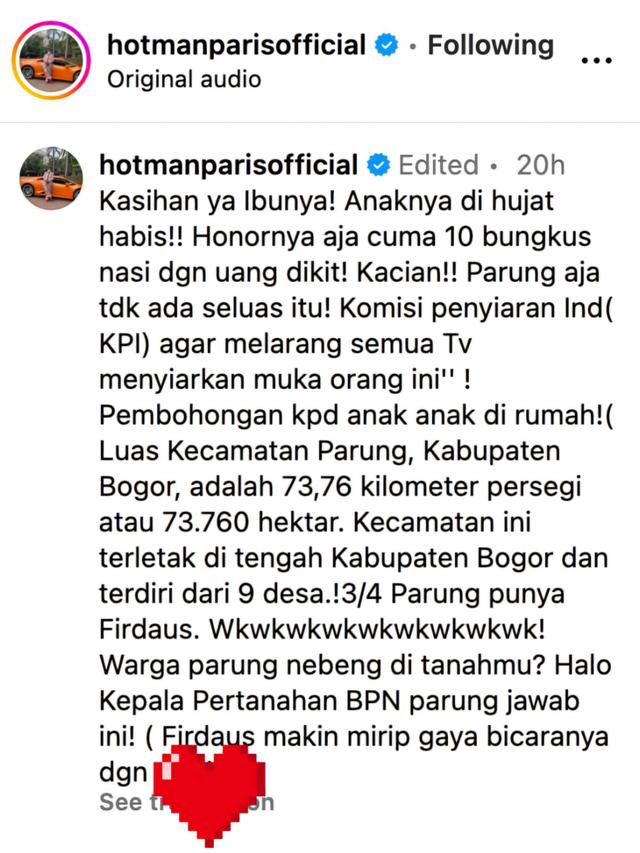 Unggahan Hotman Paris. (Foto: Dok. Instagram @hotmanparisofficial)