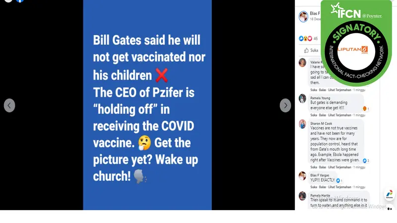 Tidak benar Bill Gates dan CEO Pfizer Menolak Disuntik Vaksin Covid-19