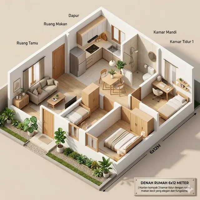 Denah Rumah 6x12 dengan Ruang Makan Kecil