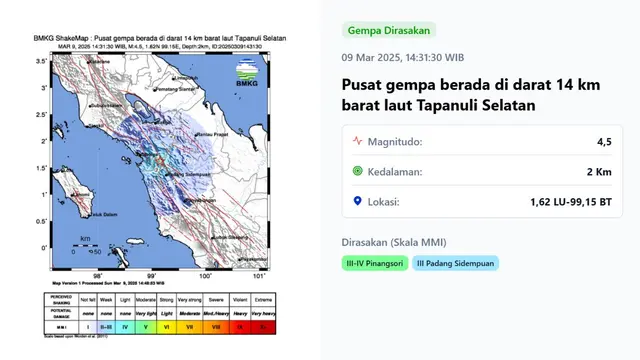 Gempa hari ini di akhir pekan, Minggu (9/3/2025) pada pukul 14:31:30 WIB, lindu membuat wilayah Tapanuli Selatan, Provinsi Sumatera Utara (Sumut).