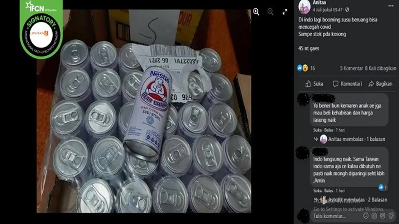 Gambar Tangkapan Layar Klaim Susu Beruan Bisa Menangkal Covid-19 (sumber: Facebook).