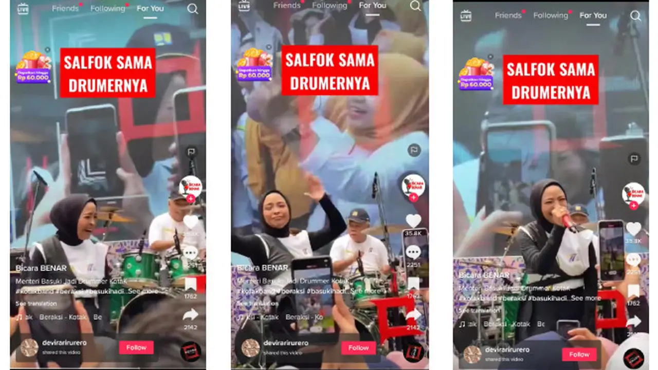 Menteri PUPR Basuki Hadimoeljono tersorot saat tengah menjadi drummer band Kotak. (Sumber: TikTok @bicarabenar)