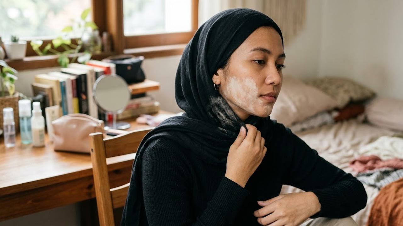 Cara Menghilangkan Bekas Bedak di Kerudung Hitam