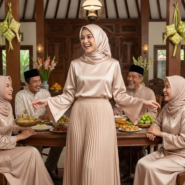 Set Rok Plisket dan Blouse Satin (Gemini AI)