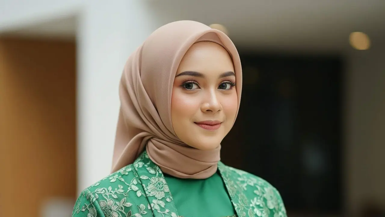 Gamis Hijau Zamrud Kombinasi Batik dan Hijab Nude Trend 2025