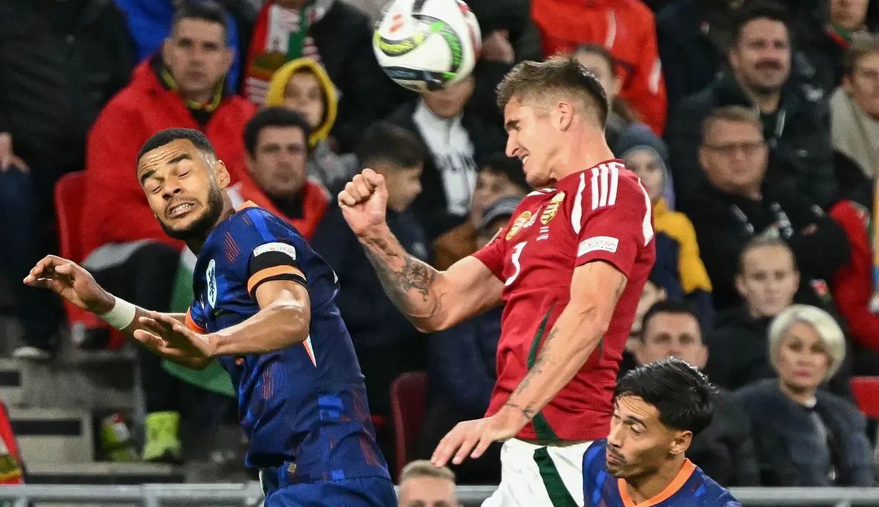 Penyerang Belanda, Cody Gakpo (kiri) berebut bola atas dengan gelandang Hungaria, Tamas Nikitscher saat pertandingan matchday 3 Grup C UEFA Nations League A 2024/2025, di Puskas Arena, Budapest, Jumat 11 Oktober 2024 atau Sabtu 12 Oktober 2024 dini hari WIB. (Attila KISBENEDEK/AFP)