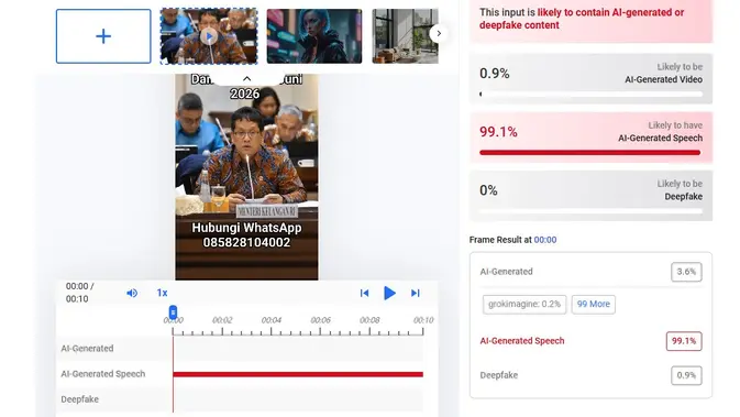 Video dan audio klaim Menkeu Purbaya meresmikan program dana hibah menunjukkan hasil AI. (Foto: tangkapan layar Hive Moderation)