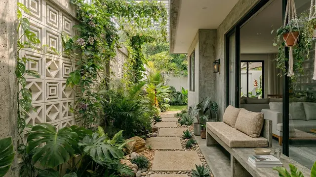 Koridor Samping Rumah dengan Dinding Roster Gemini AI