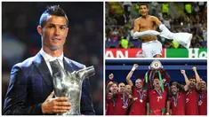 Bintang Real Madrid, Cristiano Ronaldo, meraih penghargaan UEFA Best Player in Europe 2015-2016, Kamis (25/8/2016). Berikut perjalanan manis CR 7 selama musim 2015-2016. (AFP)