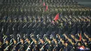 Pasukan Korea Utara berparade selama perayaan ulang tahun ke-73 negara itu di Lapangan Kim Il Sung di Pyongyang, Kamis (9/9/2021). Korea Utara dilaporkan menggelar parade militer pada Kamis dini hari. (Korean Central News Agency/Korea News Service via AP)