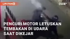 Aksi curanmor terekam kamera CCTV di Pekayon Jaya,  Bekasi. Jumat (31/5/2024). Saat aksinya dipergoki warga, pelaku mengeluarkan senjata api