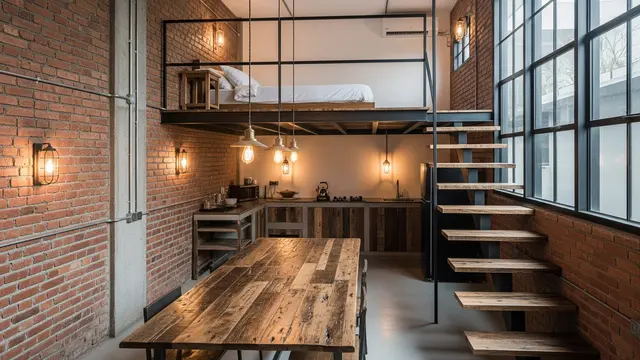 Dapur Mezzanine Industrial dengan Ruang Tidur di Atas