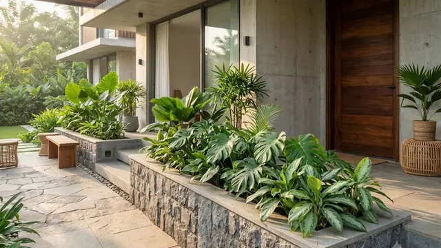 Model Teras dengan Pot Cor Memanjang Berlapis Batu Alam