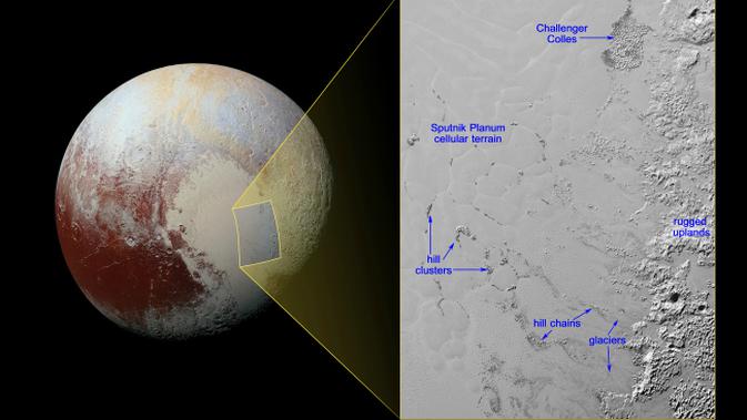 Sejumlah gambar terkini dari wahana New Horizons mengungkapkan keberadaan es beraneka bahan di Pluto. (Sumber NASA/JHUAPL/SWRI)