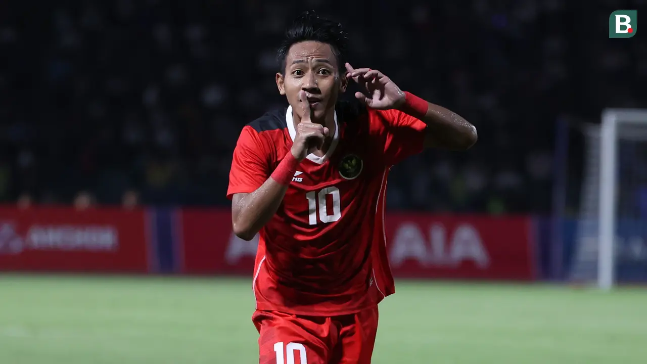 Selebrasi Beckham Putra Nugraha setelah mencetak gol buat Timnas Indonesia U-22 melawan Timnas Kamboja U-22 di SEA Games 2023.