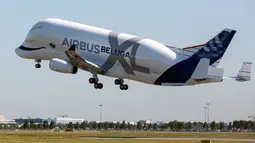 Pesawat Airbus Beluga XL melakukan uji coba penerbangan perdananya di bandara Toulouse-Blagnac, Prancis, Kamis (19/7). Pesawat yang dijuluki 'paus terbang' ini akan diuji coba selama 10 bulan. (AP/Frederic Scheiber)