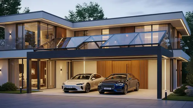 Model Carport Mewah Dua Mobil dengan Atap Kaca Tempered Tebal