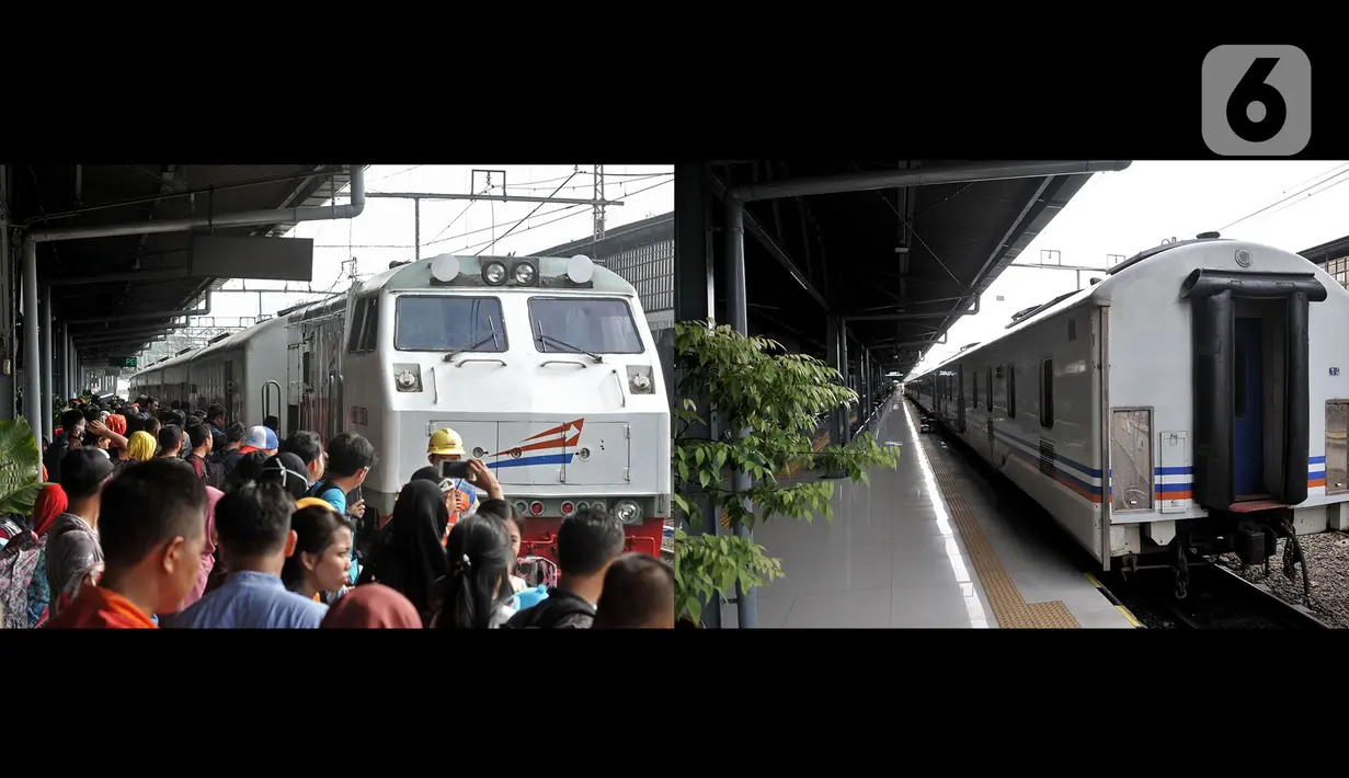 Foto kombo menunjukkan suasana arus mudik H-2 Idul Fitri 2019 (kiri) dan H-2 Idul Fitri 2020 (kanan) di Stasiun Pasar Senen, Jakarta, Jumat (22/5/2020). Larangan mudik bagi warga Jakarta karena pandemi COVID-19 menyebabkan pemandangan kontras di Stasiun Pasar Senen. (merdeka.com/Iqbal S. Nugroho)