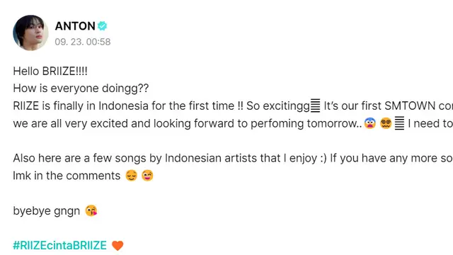 Unggahan Anton RIIZE di Weverse