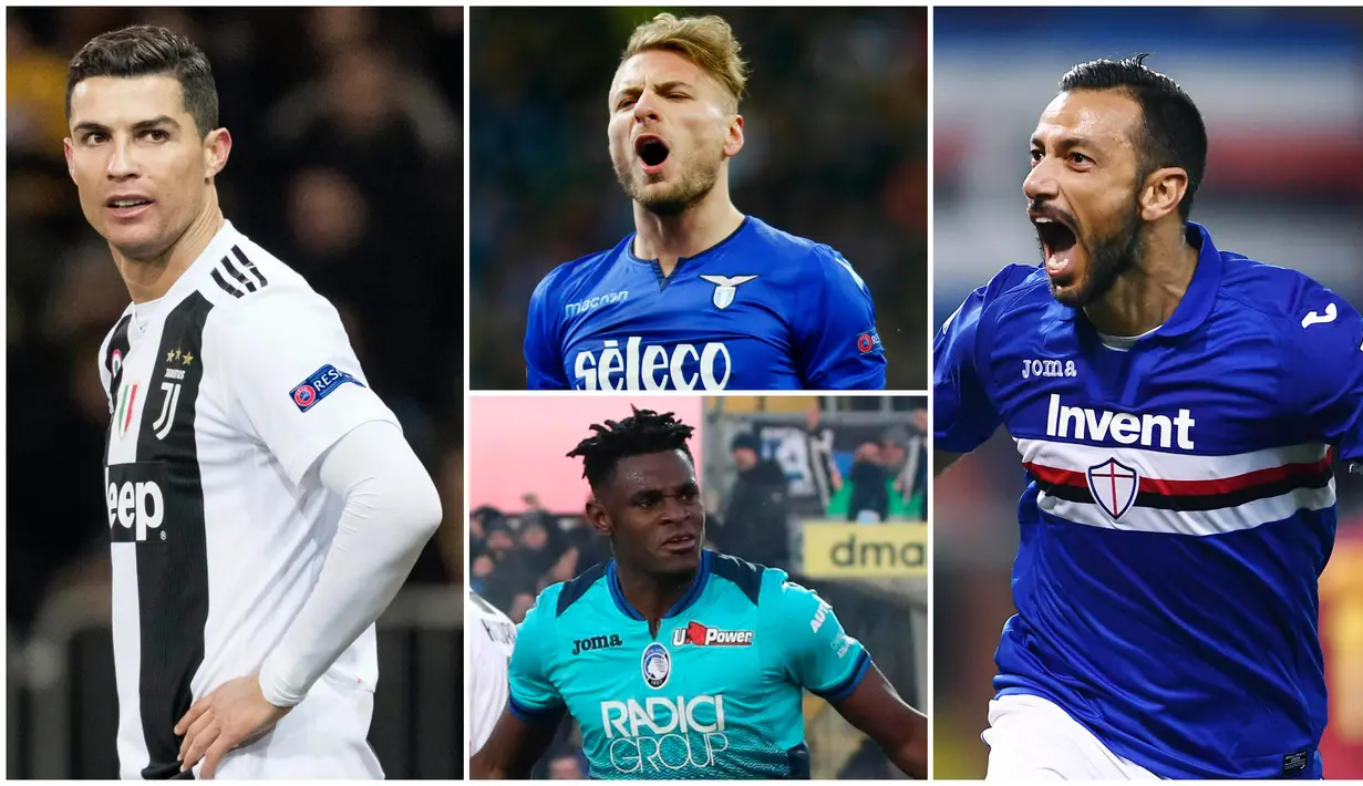 Berikut ini daftar pencetak gol terbanyak sementara Serie A 2019. Striker Sampdoria, Quagliarella, menduduki posisi teratas dengan koleksi 25 gol, sementara bintang Juventus, Cristiano Ronaldo di posisi tiga dengan 21 gol. (Foto Kolase AP dan AFP)