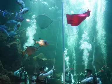 Penyelam melakukan upacara pengibaran bendera di Aquarium Utama Sea World Ancol, Jakarta, Senin (12/8/2019). Pengibaran bendera diadakan dalam rangka menyambut HUT ke-74 RI pada 17 Agustus mendatang. (Liputan6.com/Immanuel Antonius)
