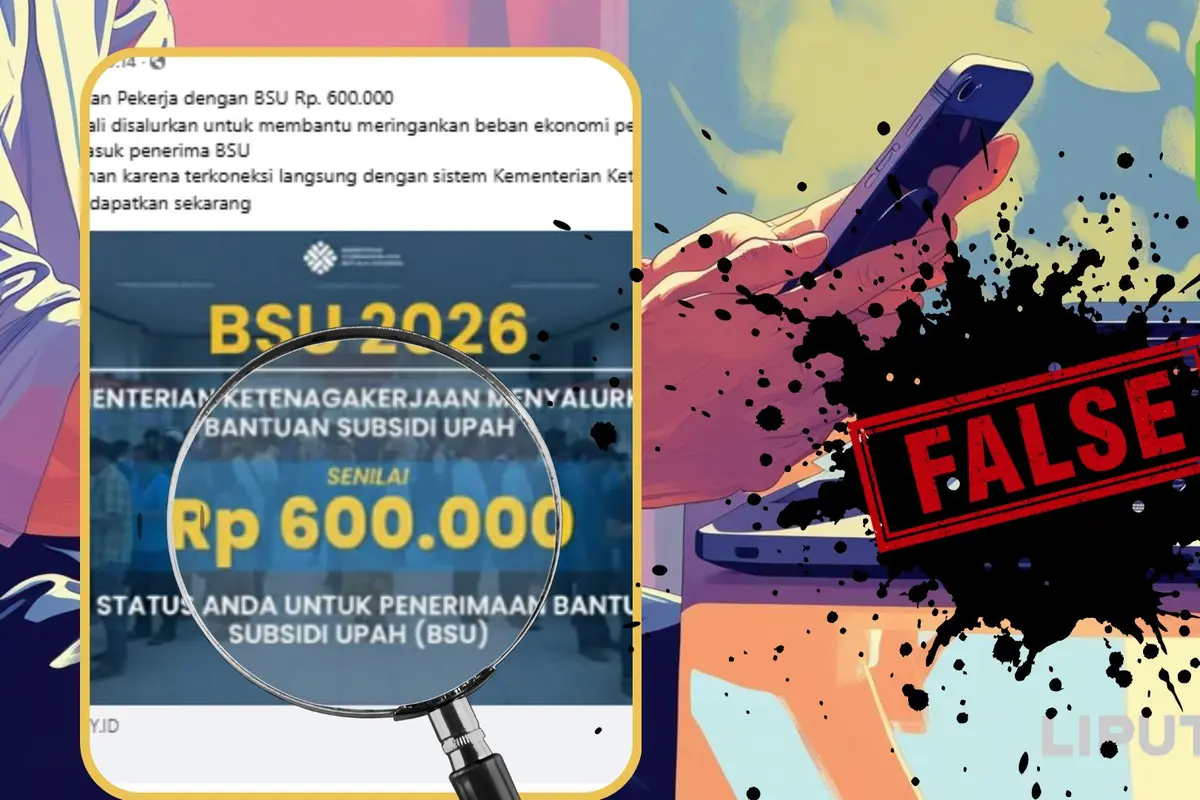 Cek Fakta tangkapan layar klaim link pendaftaran BSU 2026.  Informasi seputar BSU marak menjadi bahan hoaks yang beredar di media sosial.