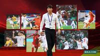 Kolase - Shin Tae-yong dikelilingi kolase pertandingan Timnas Indonesia (Bola.com/Adreanus Titus)
