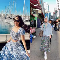 Kemeja dan rok asimetris dengan motif bunga senada ala Pamela Bowie bisa jadi pilihan untuk outfit ke pantai. [Foto: IG/pammybowie].