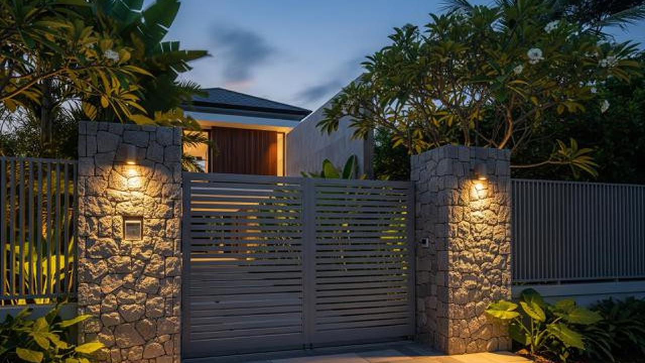 Pagar Kombinasi Besi Hollow dan Batu Alam dengan Lampu Aksen/Model Pagar Rumah Kombinasi Besi Hollow dan Batu Alam (Sumber: gemini.com)
